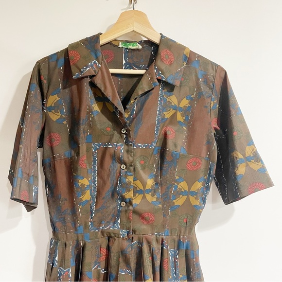 Alex Colman Vintage Brown Medium A Line 50s 60s Button Front Day Dress MIDI - Picture 3 of 10